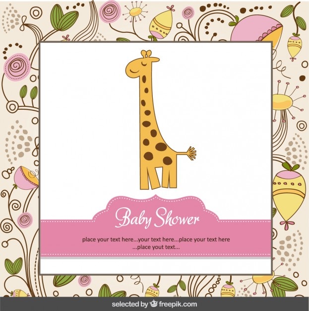 Baby shower card with giraffe and floral\
background