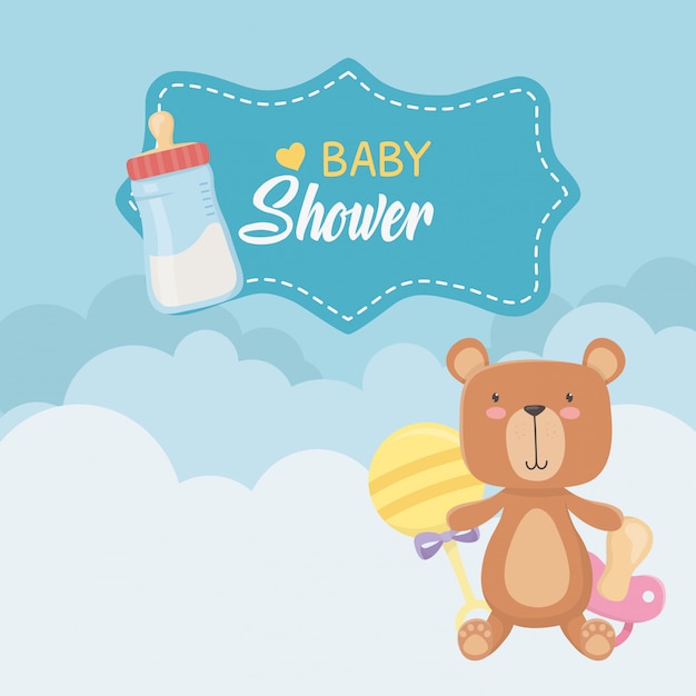 Download Baby shower card with little bear teddy and milk bottles ...