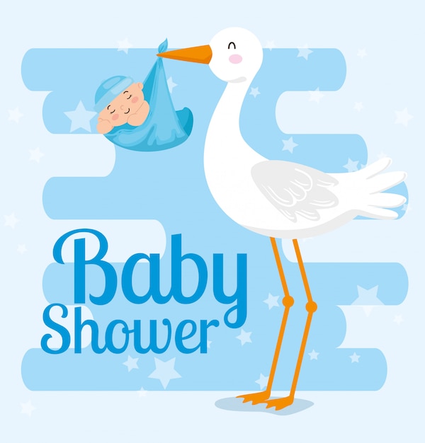 Baby Shower Card With Stork And Decoration Premium Vector