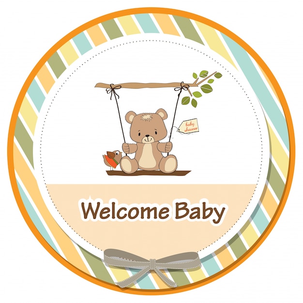 Baby shower card with teddy bear in a swing