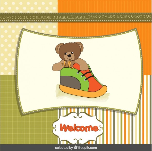 Baby shower card with teddy bear inside a\
shoe