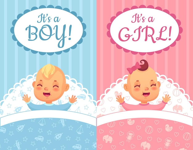 ベビーシャワーカード その男の子と女の子のラベル かわいい赤ちゃんの漫画のイラストセット プレミアムベクター