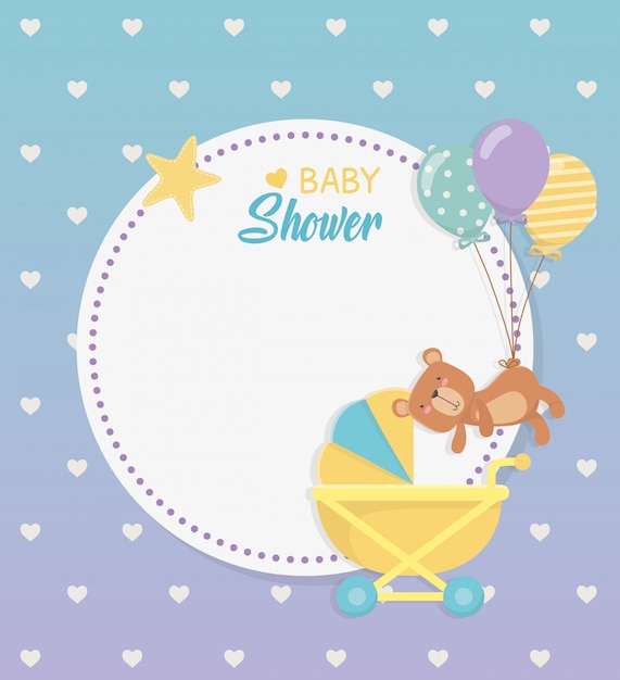 Download Baby shower circular card with bear teddy in baby cart ...
