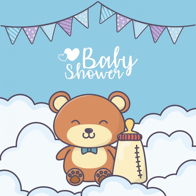 Download Baby shower cute teddy bear with bottle card | Premium Vector