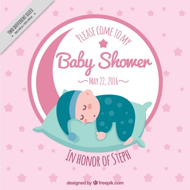 Baby shower invitation with a sleeping\
baby