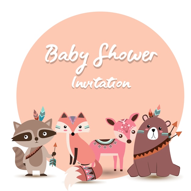 Baby shower invitation with adorable boho animals Premium Vector