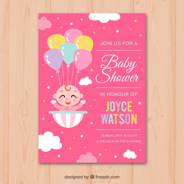 Baby shower invitation with baby girl in hand
drawn style