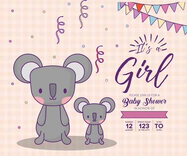 Baby Shower Invitation With Its A Girl Concept With Cute Koalas Over