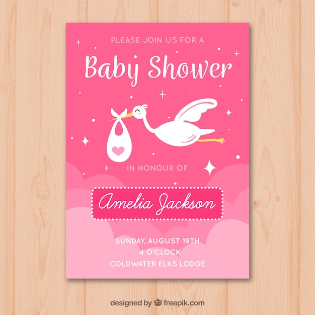 Baby shower invitation with stork in hand drawn
style