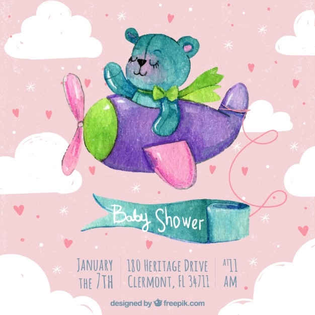 Download Baby shower invitation with teddy bear and small plane | Free Vector
