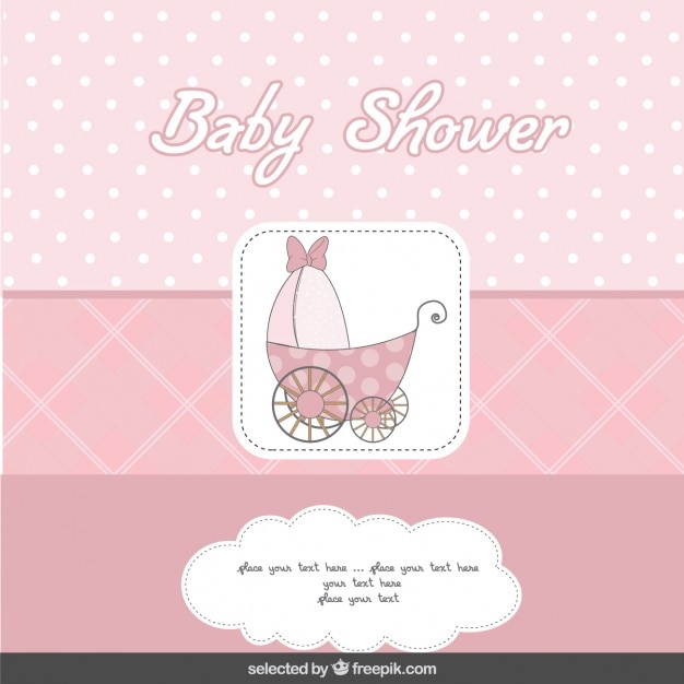 Baby shower pink card with baby stroller