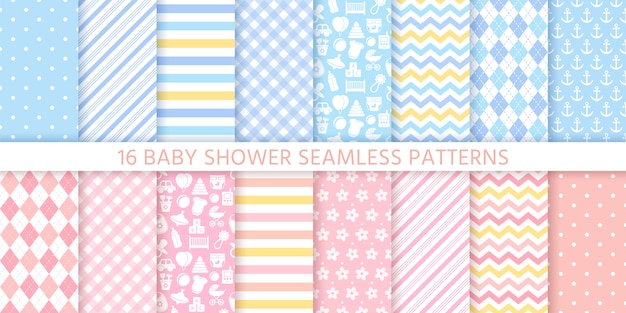 Baby shower seamless patterns for baby girl and boy. Premium Vector