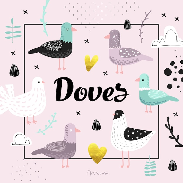 Premium Vector Baby Shower With Cute Doves Creative Hand Drawn Childish Bird Pigeon Background For Decoration Invitation Cover