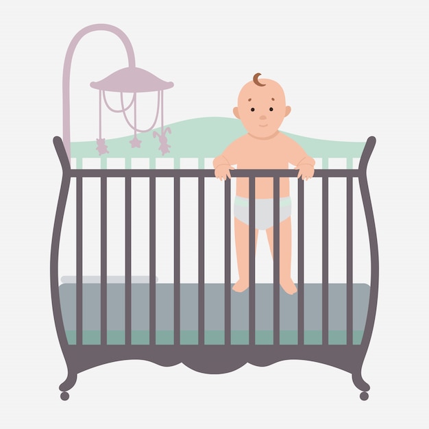 Download Baby standing is in the crib | Premium Vector