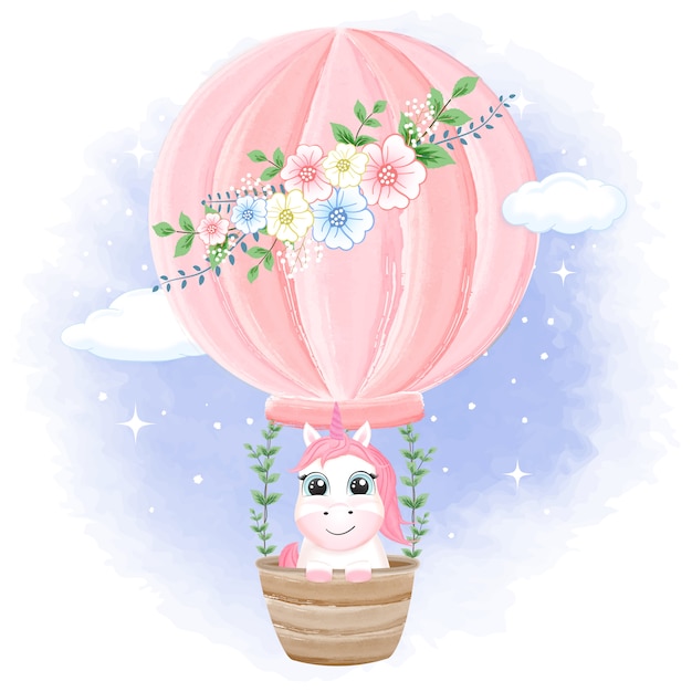 Premium Vector Baby Unicorn On Hot Air Balloon