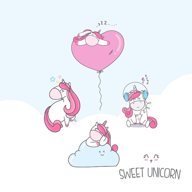 かわいいキャラクター動物の漫画baby Unicorn Sketch Style
