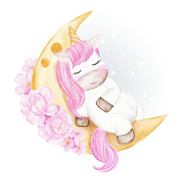 Baby unicorns sleeping on the moon with flower pink ...