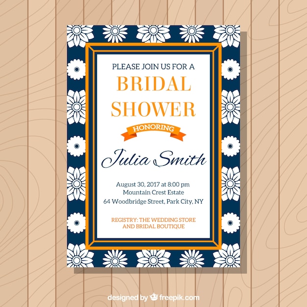 Bachelorette invitation with white flowers and
orange frame