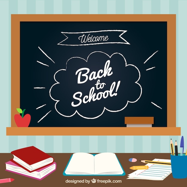 Free Vector | Back to school background with blackboard and desk