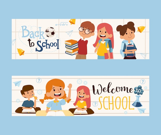Back to school banner,  illustration. happy children with books, friendly classmates. school educati