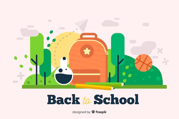 Back to school flat design illustration with backpack and trees ...