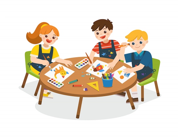 Premium Vector | Back to school. happy children painting and drawing on paper. cute boys and girls having fun together. children look up with interest. art kids.