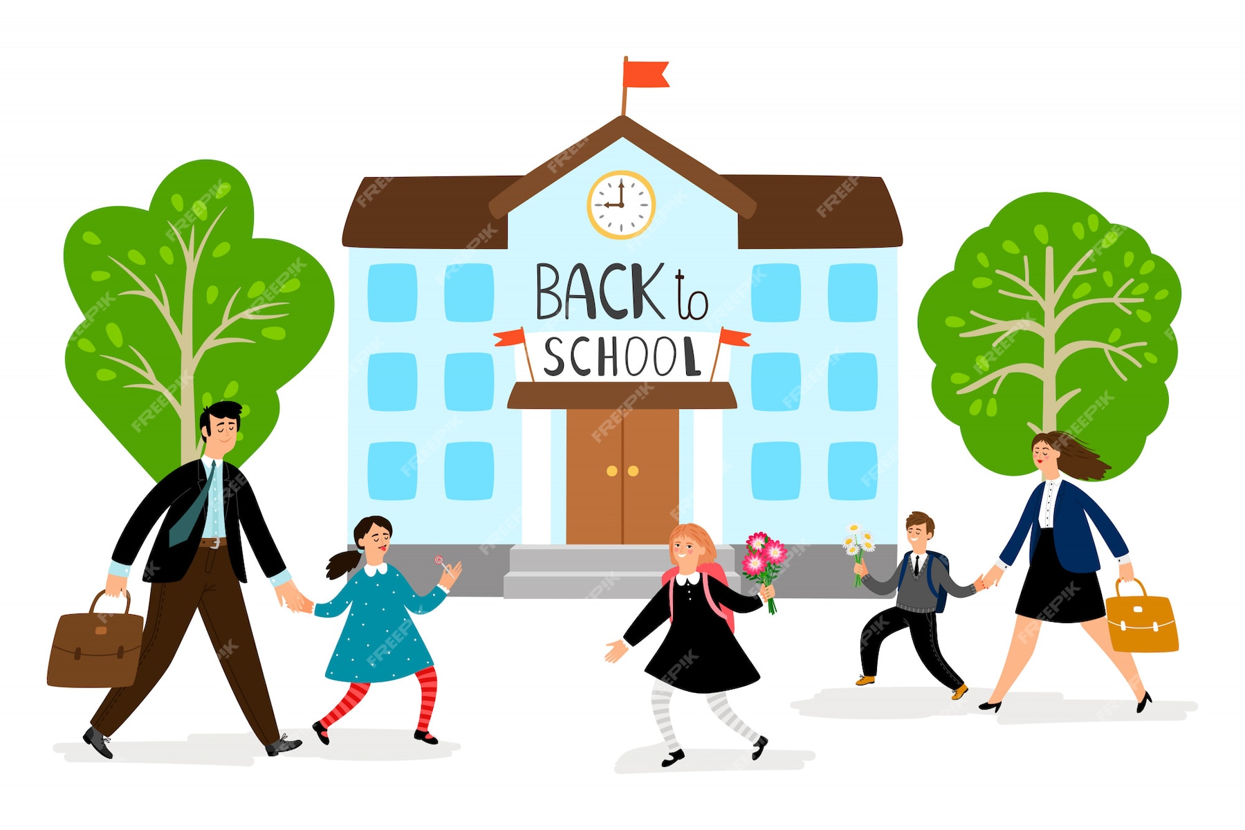 Premium Vector | Back to school illustration. parents lead children to ...