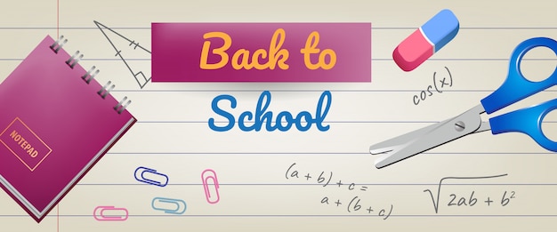 Back to school lettering on lined paper with eraser and scissors Free Vector
