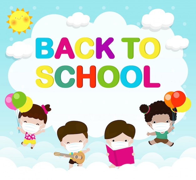 Premium Vector Back To School For New Normal Lifestyle Concept Happy Group Of Kids Jump Wearing Face Mask And Social Distancing Protect Coronavirus Covid 19 Children And Friends Go To School