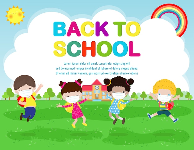 Premium Vector Back To School For New Normal Lifestyle Concept Happy Group Kids Jumping Wearing Face Mask And Social Distancing Protect Coronavirus Covid 19 Children And Friends Go To School Isolated