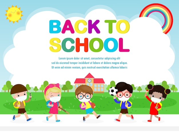 Premium Vector Back To School For New Normal Lifestyle Concept Happy Group Of Kids Wearing Face Mask And Social Distancing Protect Coronavirus Covid 19 Children And Friends Go To School Isolated