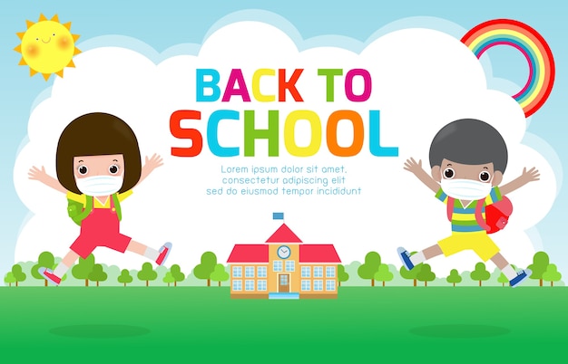 Premium Vector Back To School For New Normal Lifestyle Concept Happy Group Of Kids Wearing Face Mask And Social Distancing Protect Coronavirus Covid 19 Children And Friends Go To School Isolated