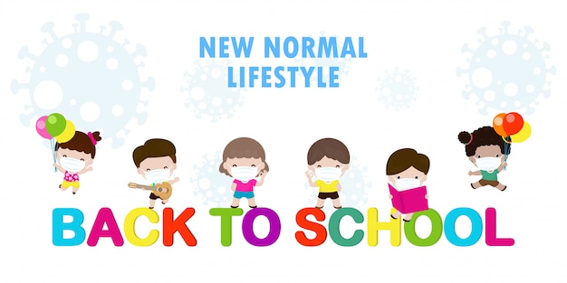 Premium Vector Back To School For New Normal Lifestyle Concept Happy Group Of Kids Wearing Face Mask And Social Distancing Protect Coronavirus Covid 19 Children And Friends Go To School Isolated