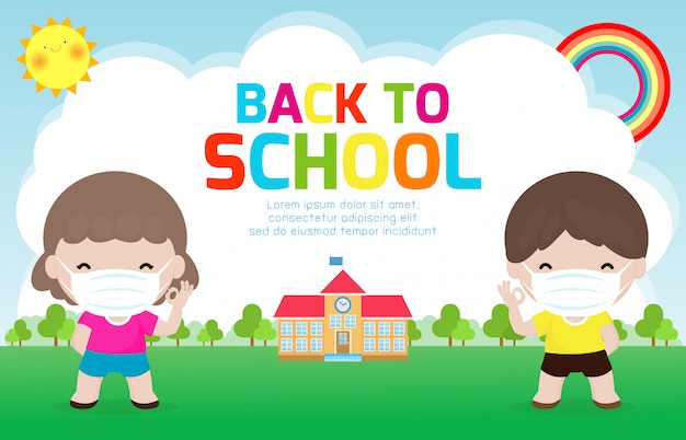 Premium Vector Back To School For New Normal Lifestyle Concept Happy Group Of Kids Wearing Face Mask And Social Distancing Protect Coronavirus Covid 19 Children And Friends Go To School Isolated