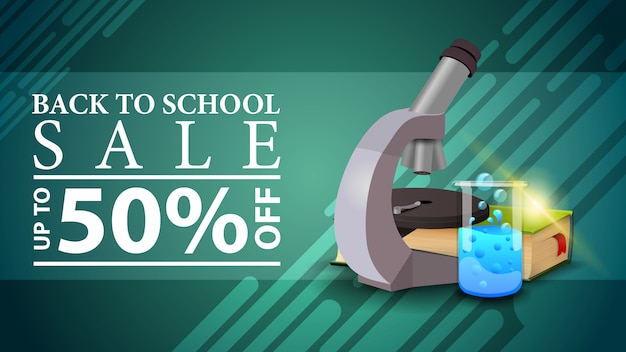 Back to school sale, discount web banner in a modern style with microscope, books and chemical flask Premium Vector