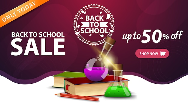 Back to school sale, pink web banner template with button, books and chemical flasks Premium Vector