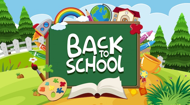 Premium Vector Back To School Sign With Many School Items In The Park Background