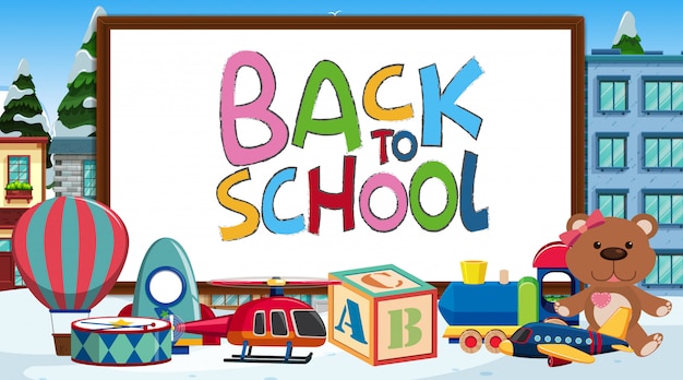 Back to school sign with many toys Premium Vector