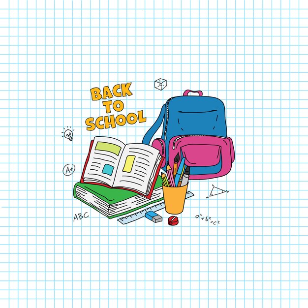 Back to school text. studying stuff doodle style illustration. opened book, bag, pen, pencil illustration with grid paper background Premium Vector