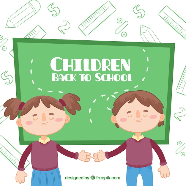 Back to school design with kids in front of chalkboard