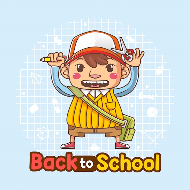 学校に戻るか 小さな男の子とポスターにバッグ 鉛筆 はさみを持ってくるフラットかわいいスタイルのイラスト プレミアムベクター