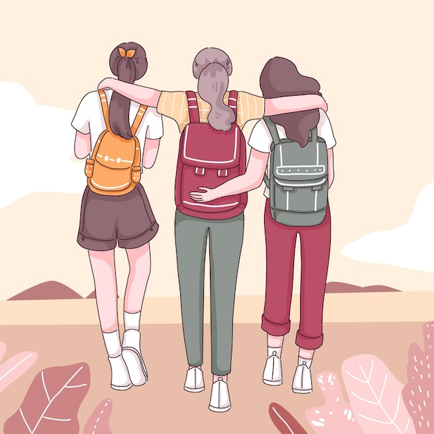 自然の中を歩くバックパック 漫画のキャラクター フラットなイラストと3人の女の子の背面図 プレミアムベクター