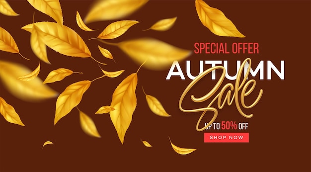 Background for the autumn season of discounts. fall sale background with flying yellow and orange au