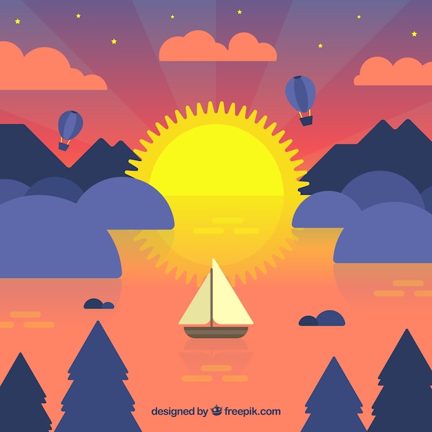 Background of boat in the sea at sunset in flat design | Free Vector