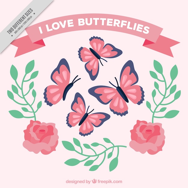 Free Vector | Background of butterflies and roses with leaves