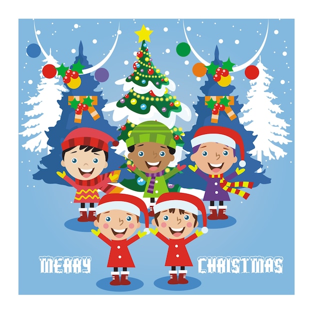 Premium Vector | Background christmas with children greeted with joy