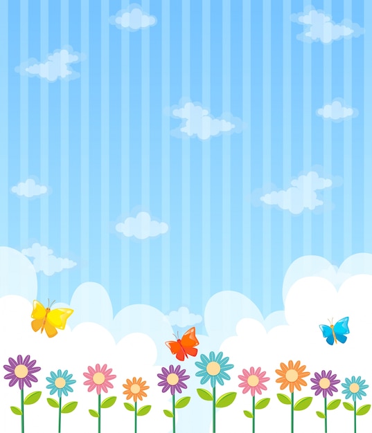 Background design with flowers and blue\
sky