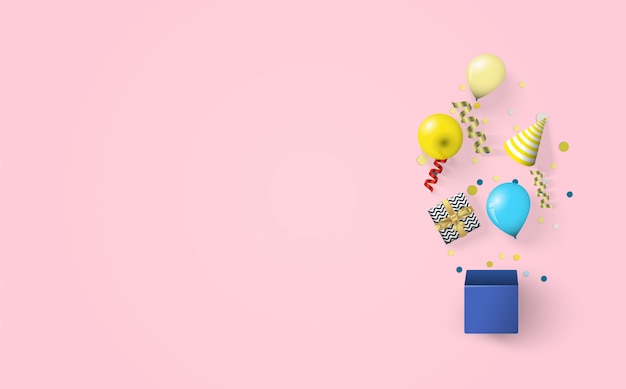 ピンクの背景のギフトボックス 風船 誕生日帽子のイラストで誕生日のお祝いの背景 プレミアムベクター