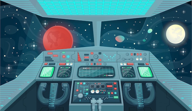 ゲームやモバイルアプリケーションの宇宙船の背景 宇宙船内部 コックピットビュー 漫画イラスト プレミアムベクター