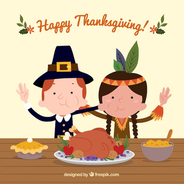 Background of funny characters celebrating thanksgiving | Free Vector